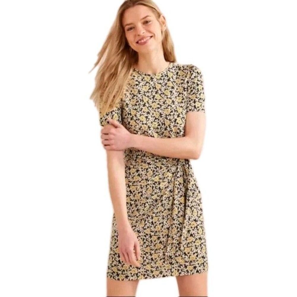 Boden Knot Front Jersey Dress Size 12L Long Yellow Floral